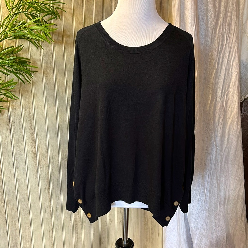 J. Jill Black Silk Blend Scoop Neck Sweater, Hi-Low, Long Sleeve, Buttons, EUC